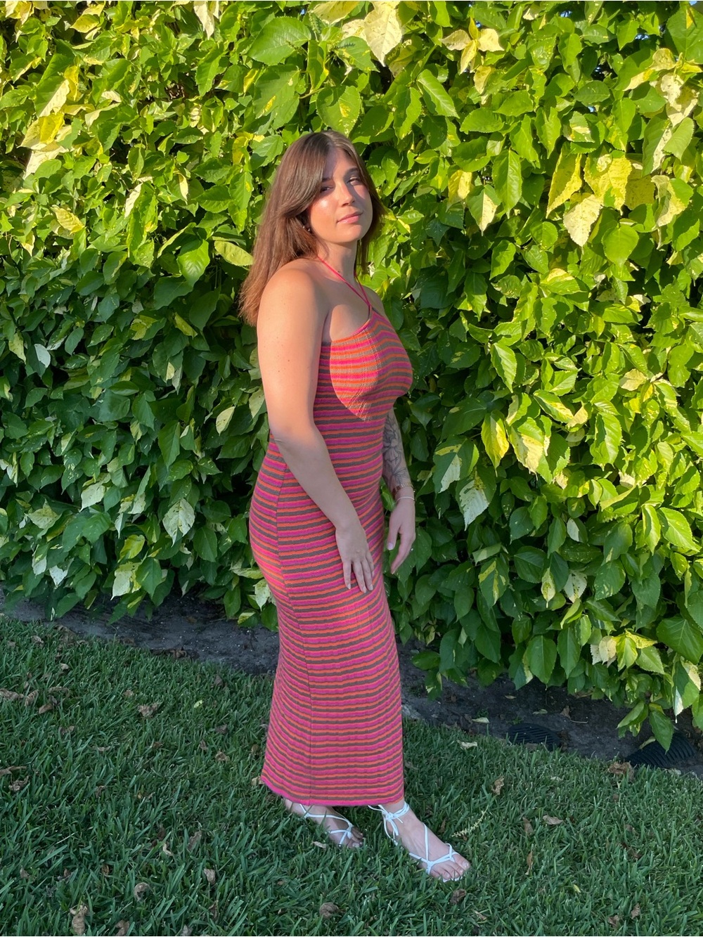 Zara Striped Halter Maxi Dress in Pink and Brown